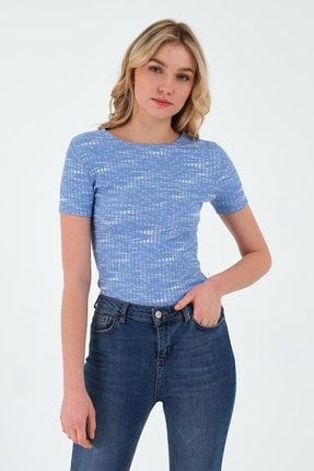 Kadın Basic Kaşkorse Kumaş T-shirt Mavi 308PLST