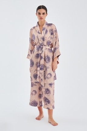 Rosa Gül Desenli Diz Hizası Saten Kadın Kimono Koyu Pudra/mor 12320004