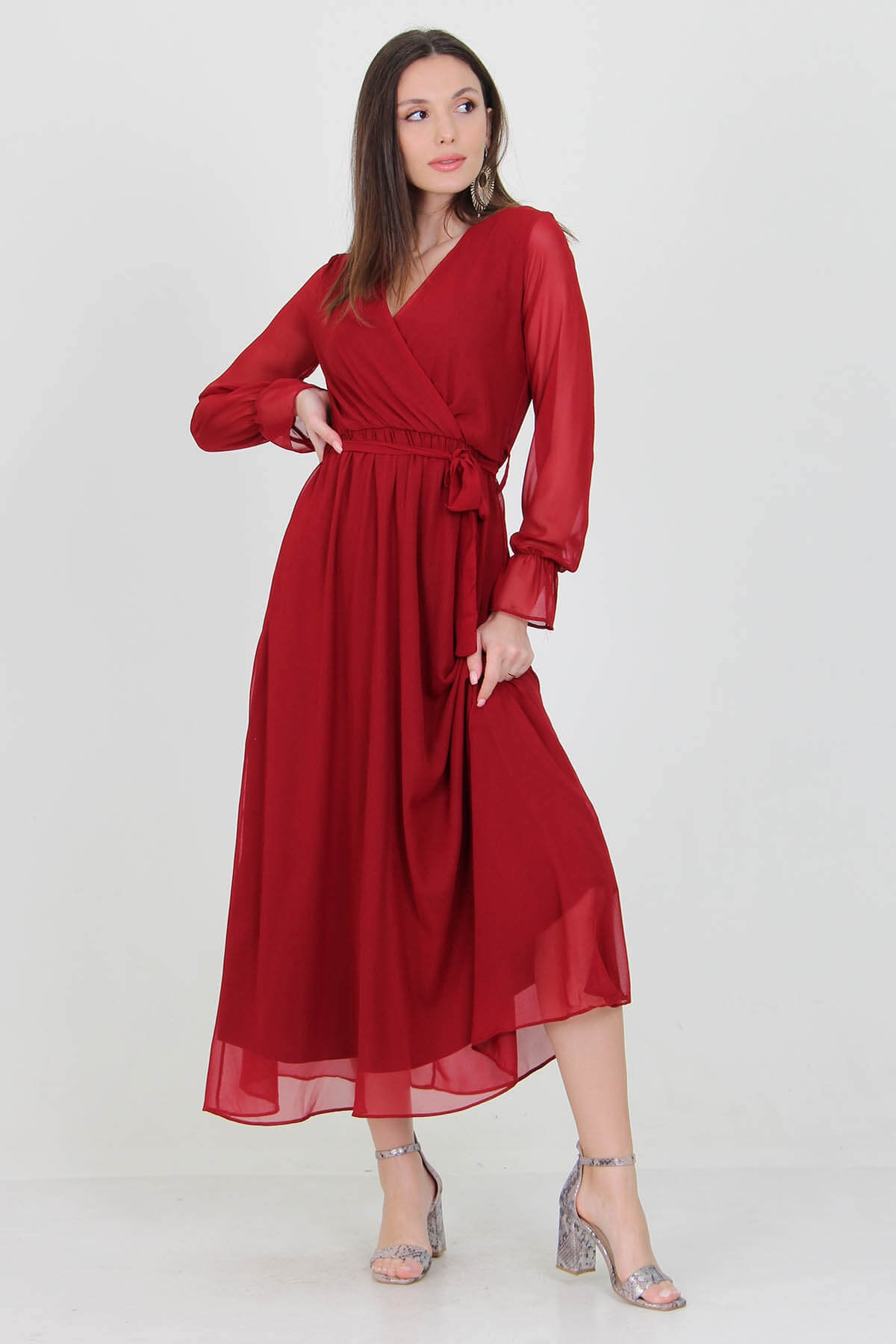 Women's Claret Red New Season Lined Wrap Collar Long Chiffon Dress Nb003