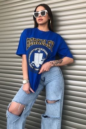 Oversize Mavi Berkeley Logo Baskılı Kadın T-shirt berkeleytshirt-MDSK