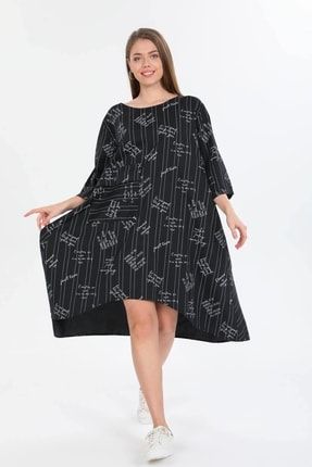 Siyah Italyan Yazı Desenli Asimetrik Kesim Oversize Elbise ITL22EL915Y