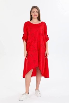 Kırmızı Italyan Yazı Desenli Asimetrik Kesim Oversize Elbise ITL22EL915Y