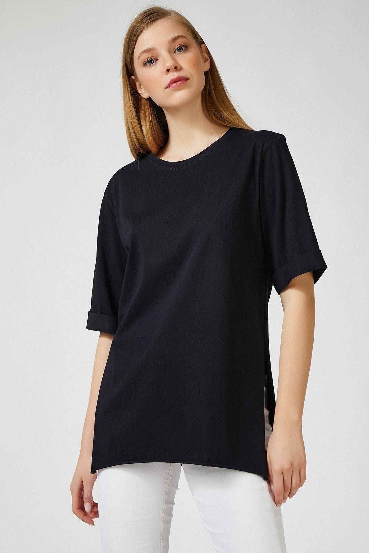 LE CARAMBOLE-Women's Black Side Slit Oversize Combed Cotton Tshirt 2