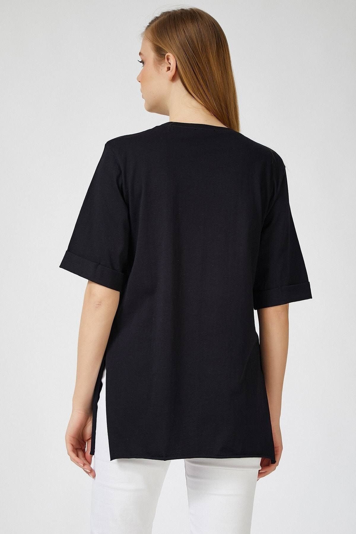 LE CARAMBOLE-Women's Black Side Slit Oversize Combed Cotton Tshirt 3