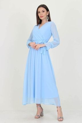 Kadın Bebe Mavisi Yeni Sezon Astarlı Kruvaze Yaka Uzun Şifon Elbise Nb003 NB003