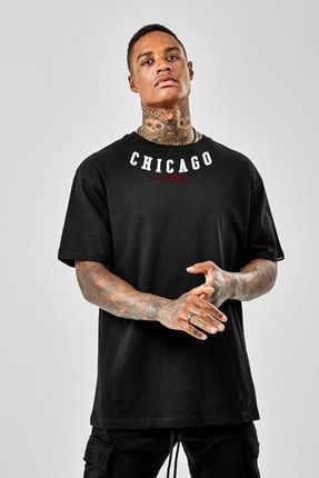 Erkek Siyah Oversize Yakasi Chcago Baskılı T-shirt VBS-CHICAGO-TSRT