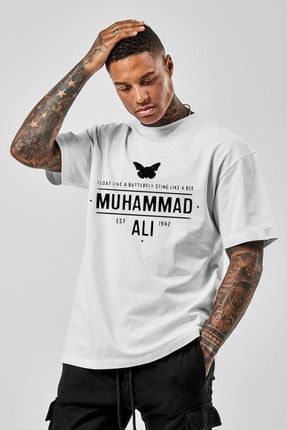 Erkek Beyaz Oversize Muhammad Alı Baskılı T-shirt VBS-MALI-TSRT