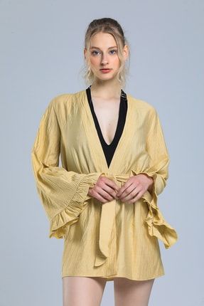 Sarı Pamuklu Keten Karışımlı Kuşaklı Kimono BAL-15