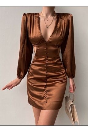 Kahverengi Saten Bel Detaylı Sırt Dekolteli Elbise AFŞ-KHVSD