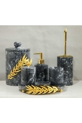 Dekoratif Gri Mermer Gold Zeytin Dalı Detaylı 7 Li Banyo Seti Takımı GRIDALBANYOGOLD7