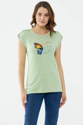 Omuz Detaylı Kelebek Baskılı Tshirt - Yeşil 22Y2231-75725.0001-R1000