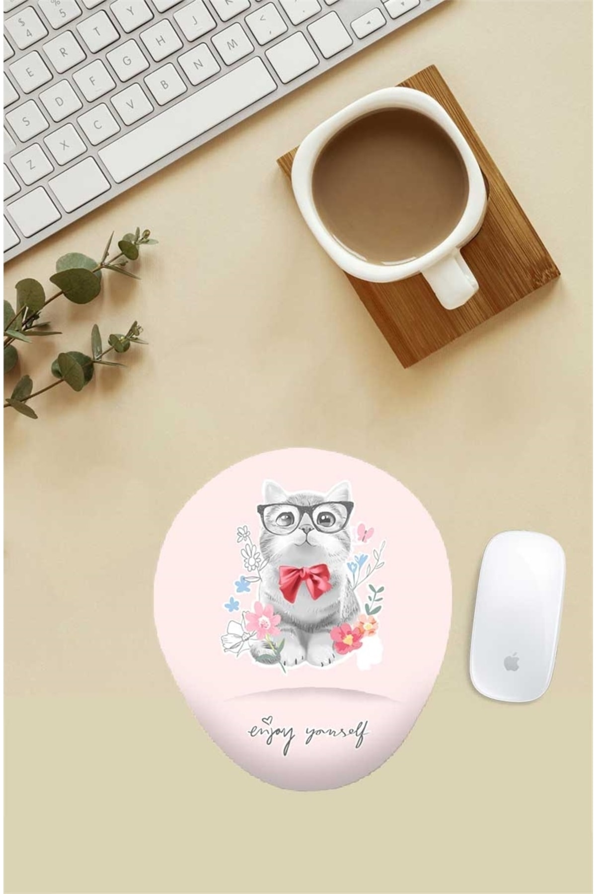 Gözlüklü Tatlı Kedi Desenli Bilek Destekli Mouse Pad