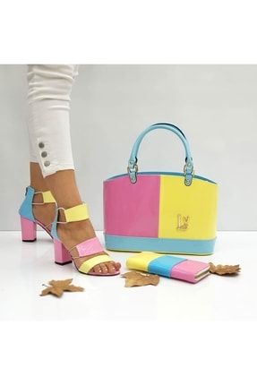 Kadın Bonibon Şeritli Topuklu Ayakkabı Ly Tokalı Kova Çanta Cüzdan Set KBŞTÇS2321
