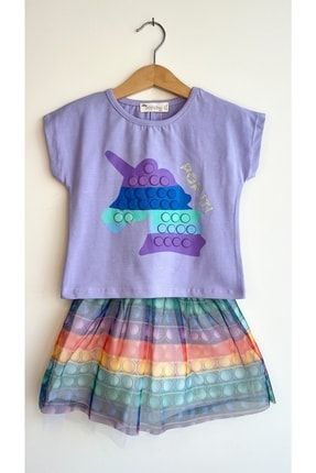 Kız Çocuk Lila Pop It Unicorn Desenli Tshirt Etek Takım MS7192