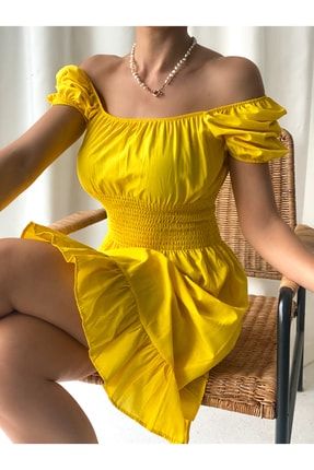 Kadın Kısa Kol Büzgülü Poplin Gipeli Kısa Elbise Sarı ELB0006