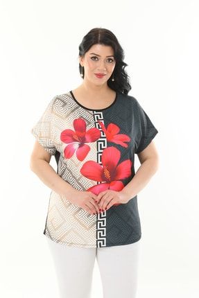 Kadın Siyah Lazer Baskı Kırmızı Çiçek Desenli Büyük Beden Bluz TP83109S01