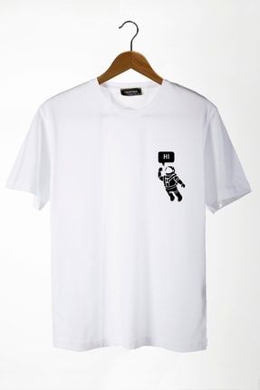 Erkek Beyaz Astronot Önü Baskılı Bisiklet Yaka Oversize Rahat Kalıp Basic T-shirt 22y-3400761-3 22Y-3400761-3