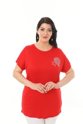 Kadın Kırmızı Yakası Yıldız Taş Işlemeli Büyük Beden Bluz TP83164S01