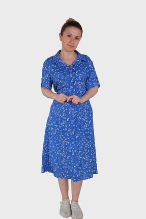 Kadın Mavi Gömlek Yaka Desenli Viskon Elbise 611