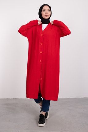 Boydan Düğmeli Oversize Tesettür Tunik Kırmızı 2011-B