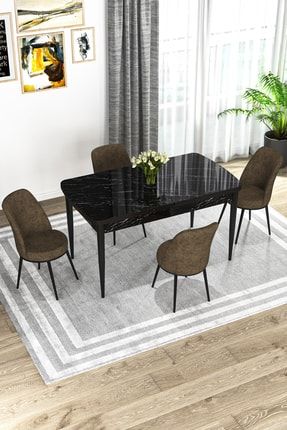 Bade 70x114 Mdf Siyah Mermer Desen Açılabilir Mutfak Masası Takımı 4 Sandalye BADE-5806