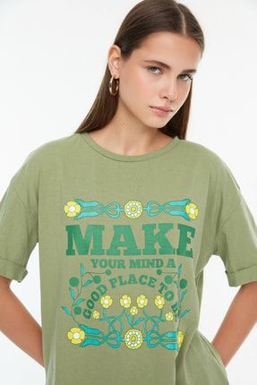 Mint Asimetrik Boyfriend Baskılı Örme T-Shirt TWOSS22TS2390