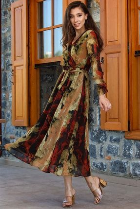 Kahverengi Kruvaze Yaka Astarlı Büyük Beden Şifon Astarlı Elbise ELBISEDELISI-1154