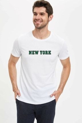 Erkek New York Baskılı Beyaz T-shirt Basic 124