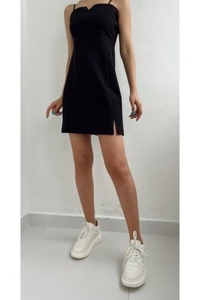 Askılı Yırtmaçlı Mini Elbise Siyah 22020175