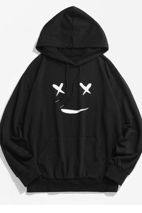 Siyah Unisex Gülen Surat Hoodie Oversize Sweatshirt siyahglnsrt-MDSKK