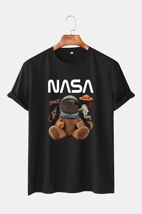 Unisex Siyah Nasa Ayıcık Baskılı Oversize T-shirt NASATSRT-MDSK