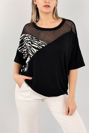 Kadın Siyah Zebra Desen Fileli Tasarım Bluz 104842 LOOK-104842