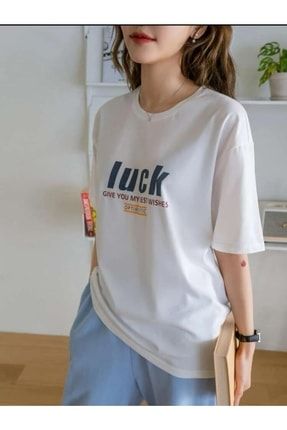 Blackrock Kadın Beyaz Oversize %100 Pamuk Luck Baskılı T-shirt BR-LUCK