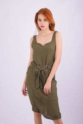 Kadın Yeşil Kemerli Kalp Yaka Midi Keten Elbise Y2
