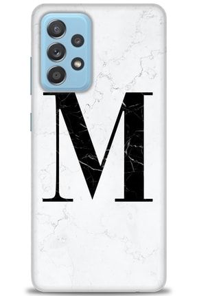 Samsung Galaxy A52 Kılıf Hd Baskılı Kılıf - Beyaz Mermer Desenli M Harfi + Temperli Cam kmsm-a52-v-30-cm