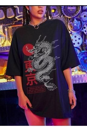 Kadın Siyah Oversize %100 Pamuk Japan Dragon Baskılı T-shirt BR-JPN-DRAGON