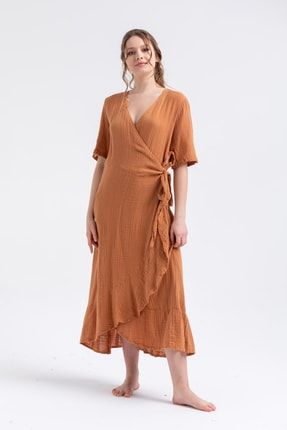 Mei Muslin %100 Pamuk Wrap Elbise - Turuncu 123/MEI