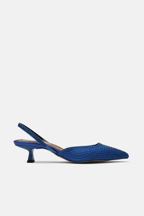 Mavi Süet Taşlı Kadın Kısa Topuk Ayakkabı 3333