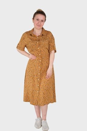 Kadın Hardal Gömlek Yaka Desenli Viskon Elbise 611