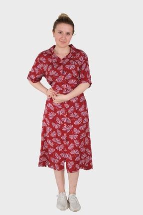Kadın Bordo Gömlek Yaka Desenli Viskon Elbise 611