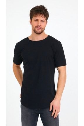 Erkek Siyah Oval Kesim Pis Yaka Düz Basic T-shirt ZEYSTORE2022
