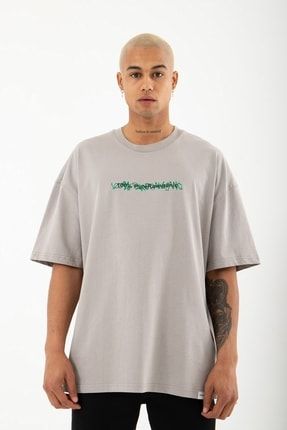 Oversize Sativa Indica Baskılı Pamuklu T-shirt Ice Gri M1628