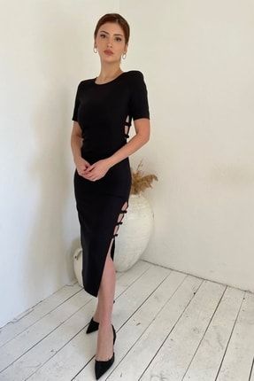 Kadın Siyah Yan Düğme Detay Uzun Elbise 0990-2540