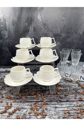 Beyaz Porselen 6 Kişilik Gül Desenli Kahve Fincan Takımı Seti Ve 6 Lı Mini Kahve Yanı Bardağı Flüt yz.gülf.6f