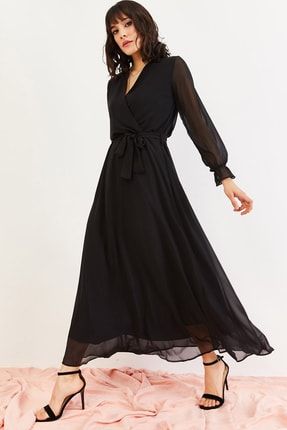 Siyah Kruvaze Yaka Astarlı Büyük Beden Şifon Astarlı Elbise ELBISEDELISI-0154