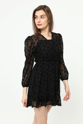 Kadın Siyah Kruvaze Yaka Transparanlı Kol Astarlı Elbise vennigar-22253