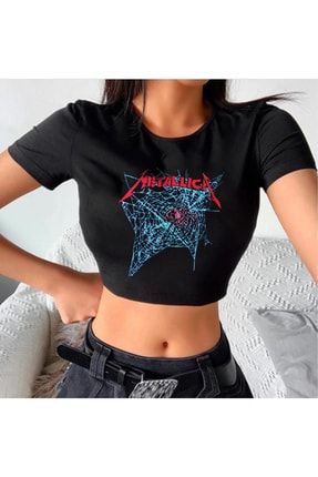 Siyah Renk Metallica Baskılı Kısa Kollu Rock- Metal Kadın Crop-yarım T-shirt BSM07MTLCCRP