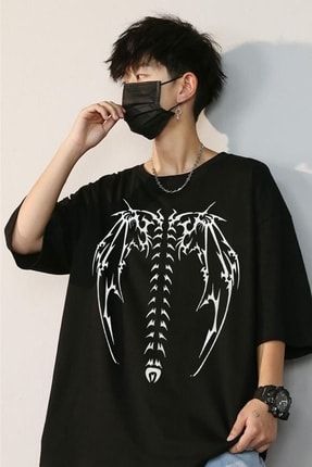 Siyah Unisex Siyah Iskelet Kanat Baskılı Geniş Kalıp Oversize T-shirt iskelet01