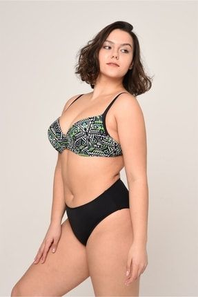 Kadın Büyük Beden Siyah Yeşil Geometrik Desen Ayar Askılı Kaplı Bikini Takımı 001600930081002100