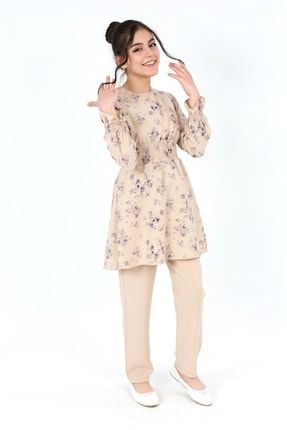 Kız Çocuk Airobin Kumaş Tunik Pantolon Bel Lastikli Desenli Cepli Alt Üst Takım Elbise AÜT-0001